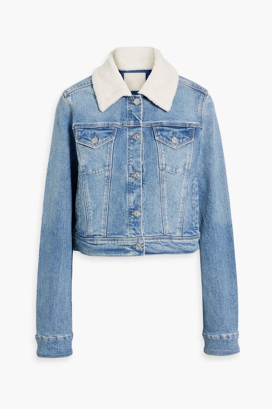 PAIGE $249 Vivienne Crop Denim Jacket Faux Shearling Valerie Distressed Small NE